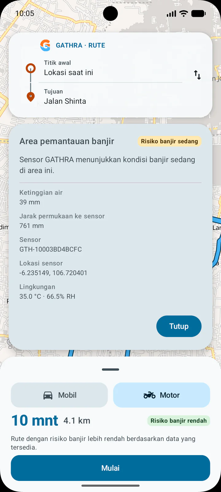 Detail sensor GATHRA yang menampilkan risiko banjir sedang, ketinggian air, jarak permukaan, suhu, dan kelembapan.